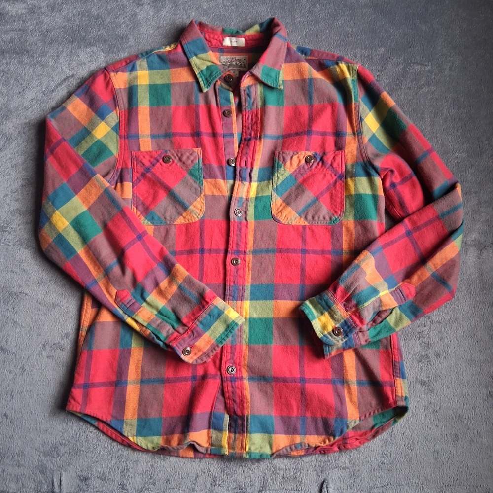 J.Crew Mens Flannel Shirt M Red Multi Plaid Cotton Slim Fit Casual Button Down